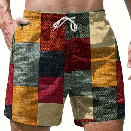 Men's Plaid Printed Casual Shorts, Quick-Dry Beach Shorts Elastic Waist With Drawstring Swim Trunk