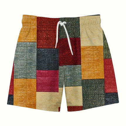 Men's Plaid Printed Casual Shorts, Quick-Dry Beach Shorts Elastic Waist With Drawstring Swim Trunk