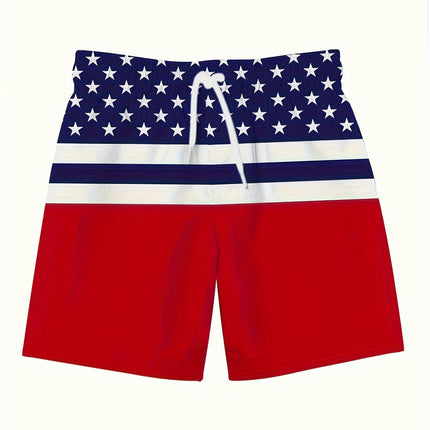 Men's Star And Stripe Pattern Board Shorts, Drawstring Shorts For Summer Beach And Holiday Wear