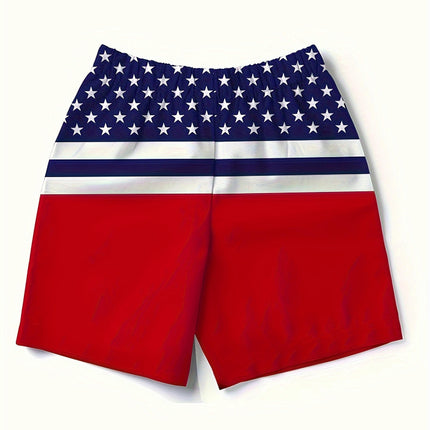 Men's Star And Stripe Pattern Board Shorts, Drawstring Shorts For Summer Beach And Holiday Wear