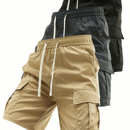 3pcs Men's Elastic Waist Cargo Shorts With Side Pockets For Summer Outdoor Leisure And Work