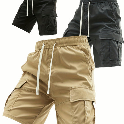 3pcs Men's Elastic Waist Cargo Shorts With Side Pockets For Summer Outdoor Leisure And Work