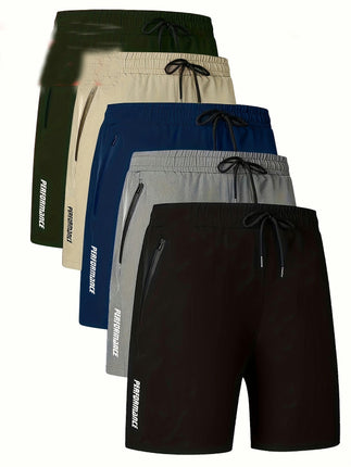 5pcs Men's Quick-Dry Breathable Shorts with Zipper Pockets - Casual Summer Wear, Multiple Colors