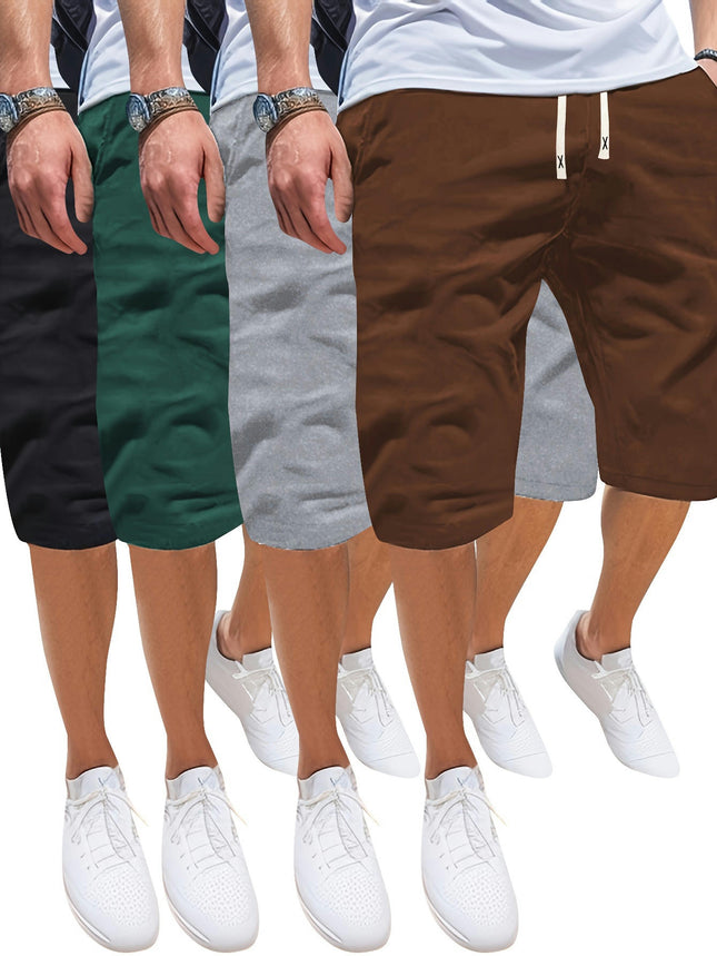 4-piece Men's Summer Drawstring Shorts,Casual Vacation Outing Pocket Sports Elastic Waist Pants