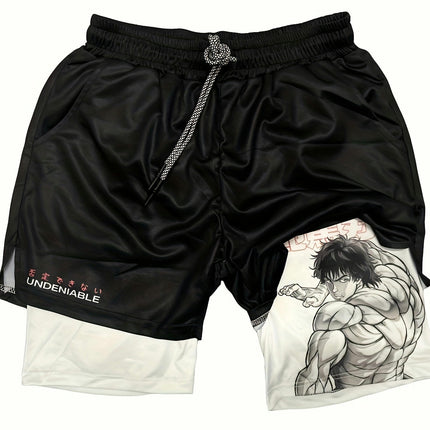 Anime Print Shorts Summer Double Layer Beach Pants Fitness Training Pant Sports Men's Shorts