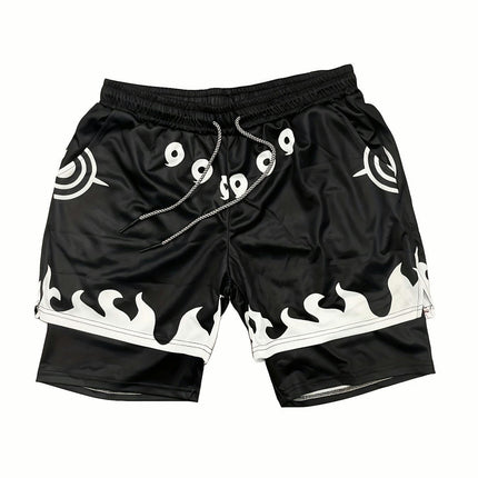 Cartoon Anime Print Shorts Double Layer Beach Pants Fitness Training Sports Men's Summer Short