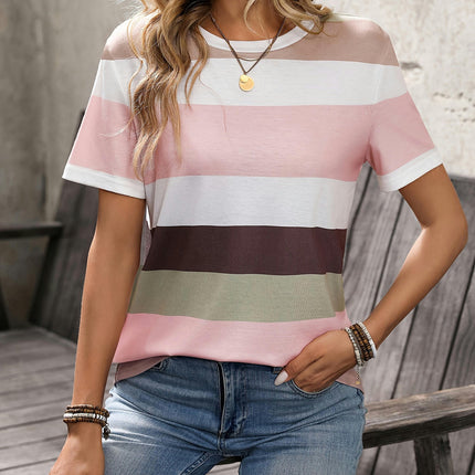 Multicolor Striped Short Sleeve Crew Neck T-Shirt - Soft, Breathable, Women's Casual Top for Summer