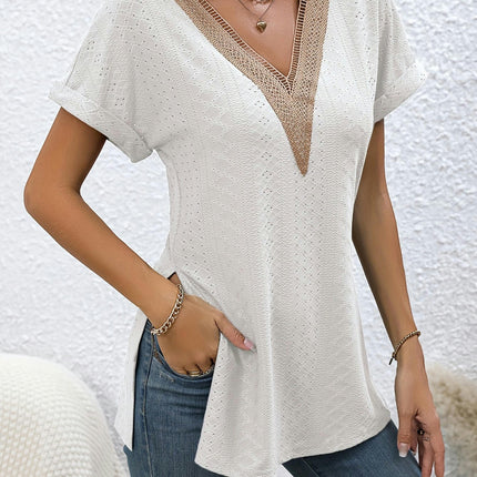 Chic Guipure Lace T-shirt with Split Detail-V-Neck & Rolled Short Sleeves-Womens Casual Wear