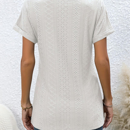 Chic Guipure Lace T-shirt with Split Detail-V-Neck & Rolled Short Sleeves-Womens Casual Wear