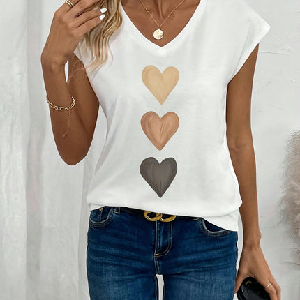 Soft Vibrant Heart Print V-Neck Cap Sleeve T-Shirt Women's Casual Clothing for Everyday Wear