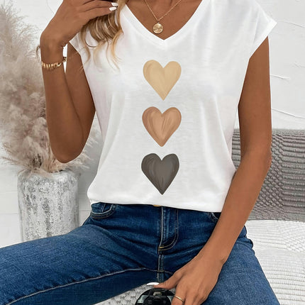 Soft Vibrant Heart Print V-Neck Cap Sleeve T-Shirt Women's Casual Clothing for Everyday Wear