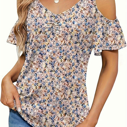 Floral Print V Neck Cold Shoulder T-shirt, Women's Clothing Short Sleeve Top For Spring & Summer