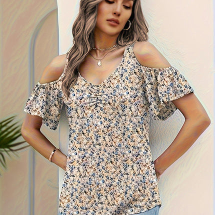 Floral Print V Neck Cold Shoulder T-shirt, Women's Clothing Short Sleeve Top For Spring & Summer