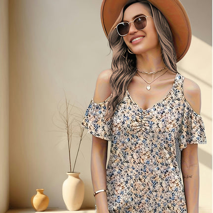 Floral Print V Neck Cold Shoulder T-shirt, Women's Clothing Short Sleeve Top For Spring & Summer