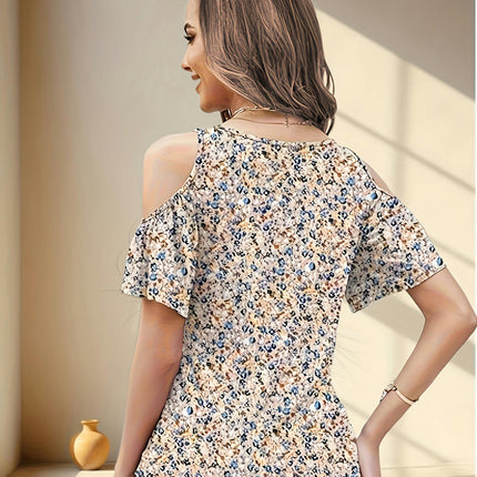 Floral Print V Neck Cold Shoulder T-shirt, Women's Clothing Short Sleeve Top For Spring & Summer