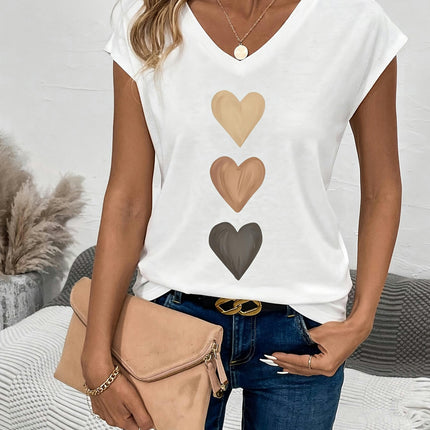 Soft Vibrant Heart Print V-Neck Cap Sleeve T-Shirt Women's Casual Clothing for Everyday Wear