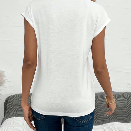 Soft Vibrant Heart Print V-Neck Cap Sleeve T-Shirt Women's Casual Clothing for Everyday Wear