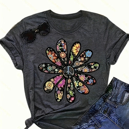 Flowers In Daisies - Print Crew-neck T-shirt,Summer Casual Short-sleeved T-shirt, Women's Wear