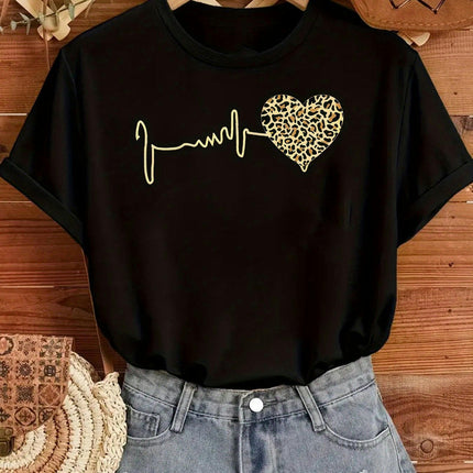 Women's Heartbeat Graphic Tee - Soft Casual Crew Neck Short Sleeve Top for Spring & Summer