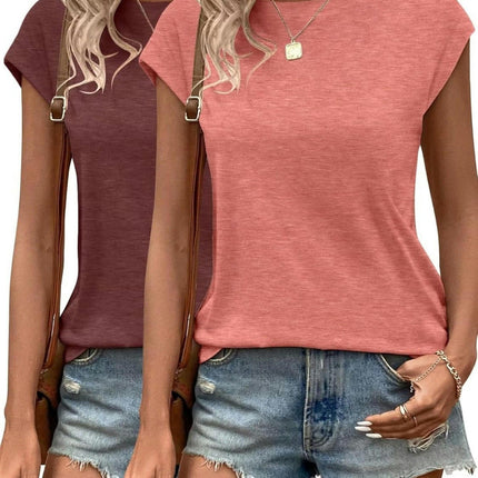 2 Pack Cap Sleeve Crewneck Loose Blouse - Womens Summer Tops T Shirts Casual Tee