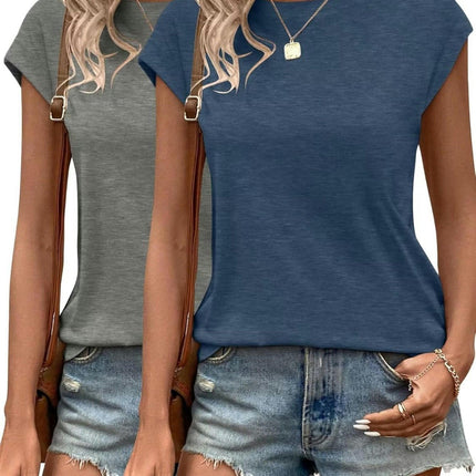 2 Pack Cap Sleeve Crewneck Loose Blouse - Womens Summer Tops T Shirts Casual Tee