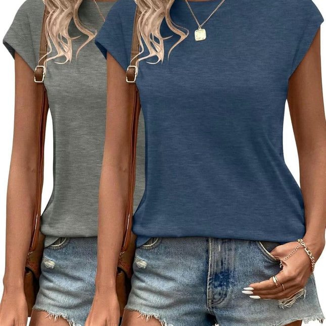 2 Pack Cap Sleeve Crewneck Loose Blouse - Womens Summer Tops T Shirts Casual Tee