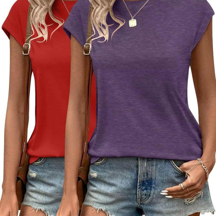 2 Pack Cap Sleeve Crewneck Loose Blouse - Womens Summer Tops T Shirts Casual Tee