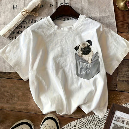 Puppy Print Crew Neck T-Shirt, Casual Short Sleeve Top For Spring & Summer, Women's Clothing