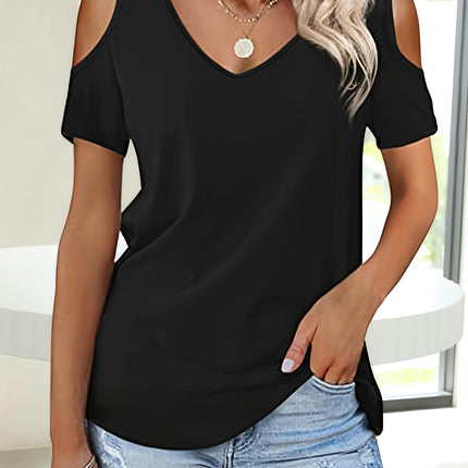 Cold Shoulder V Neck Solid Color T-shirt, Short Sleeve Casual Top For Summer Women's Clothing