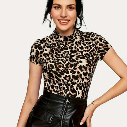 Leopard Print T-Shirt - Soft Mock Neck, Lightweight Short Sleeves - Perfect for Spring & Summer