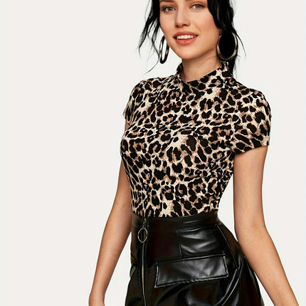 Leopard Print T-Shirt - Soft Mock Neck, Lightweight Short Sleeves - Perfect for Spring & Summer