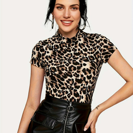 Leopard Print T-Shirt - Soft Mock Neck, Lightweight Short Sleeves - Perfect for Spring & Summer