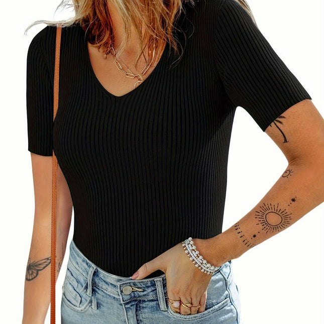 Womens Tops 2024 Summer Short Sleeve Slim Fit V Neck Ribbed Knit Basic Solid Color T Shirts Tees