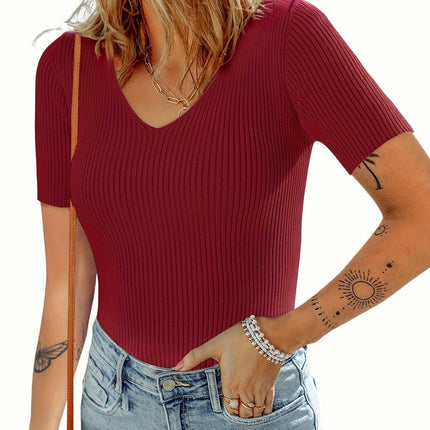 Womens Tops 2024 Summer Short Sleeve Slim Fit V Neck Ribbed Knit Basic Solid Color T Shirts Tees