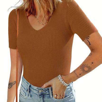 Womens Tops 2024 Summer Short Sleeve Slim Fit V Neck Ribbed Knit Basic Solid Color T Shirts Tees