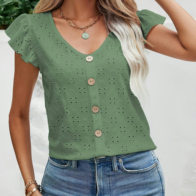 Eyelet Embroidery Flutter Sleeve T-Shirt - Women's Casual V-Neck T-Shirts for Spring & Summer