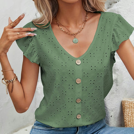 Eyelet Embroidery Flutter Sleeve T-Shirt - Women's Casual V-Neck T-Shirts for Spring & Summer