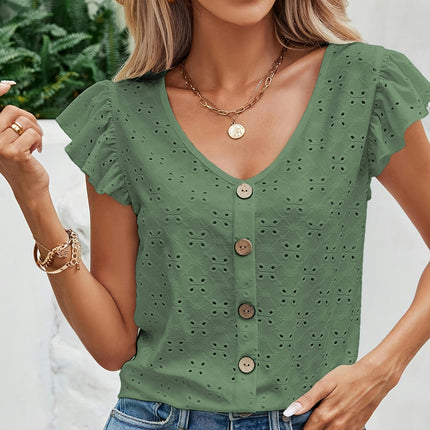 Eyelet Embroidery Flutter Sleeve T-Shirt - Women's Casual V-Neck T-Shirts for Spring & Summer