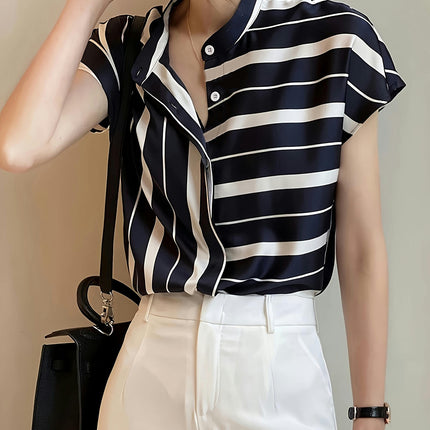 Stripe Print Blouse Short Batwing Sleeves, V-Neckline, Casual Top for Spring and Summer