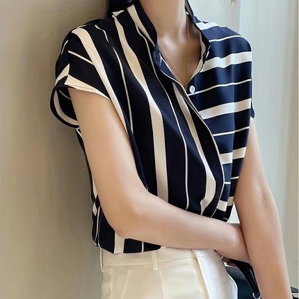 Stripe Print Blouse Short Batwing Sleeves, V-Neckline, Casual Top for Spring and Summer