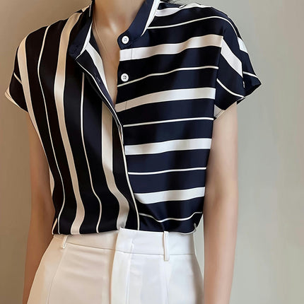 Stripe Print Blouse Short Batwing Sleeves, V-Neckline, Casual Top for Spring and Summer