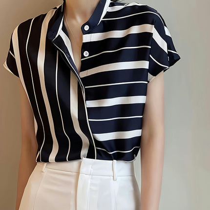 Stripe Print Blouse Short Batwing Sleeves, V-Neckline, Casual Top for Spring and Summer