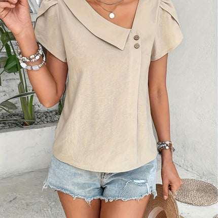 Asymmetrical Neck Button Decor Blouse,Petal Sleeve Blouse For Spring & Summer, Women's Clothing