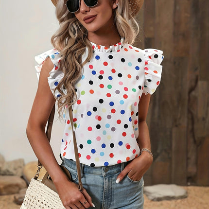 Womens Polka-dot Ruffle Blouse  Versatile Casual Style for Spring & Summer