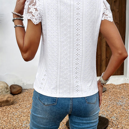 Lace Splicing V-Neck Blouse -Short Sleeves, Button Decor, Casual Women's Clothing for Warm Weather