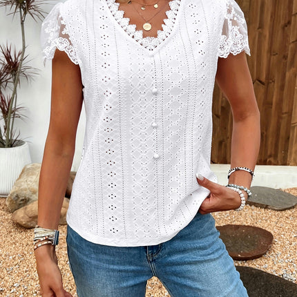 Lace Splicing V-Neck Blouse -Short Sleeves, Button Decor, Casual Women's Clothing for Warm Weather