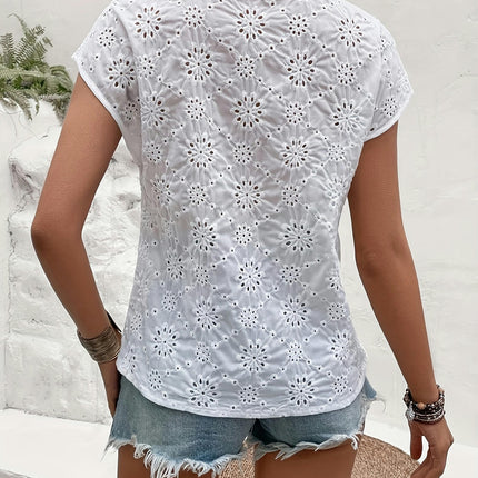 Vintage Eyelet Lace Blouse - V-Neck, Short Sleeves, Embroidered Splicing Design, Perfect for Summer