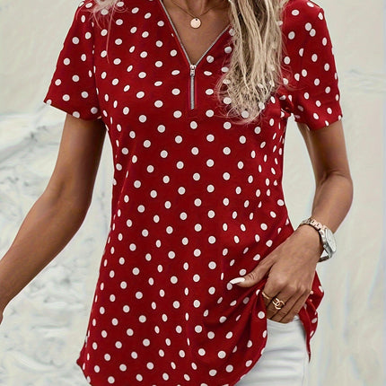 Polka Dots Print V-Neck Blouse-Zipper,Short Sleeves,Comfortable, Breathable Summer Clothing