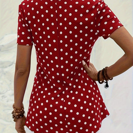 Polka Dots Print V-Neck Blouse-Zipper,Short Sleeves,Comfortable, Breathable Summer Clothing