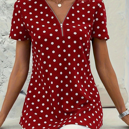 Polka Dots Print V-Neck Blouse-Zipper,Short Sleeves,Comfortable, Breathable Summer Clothing